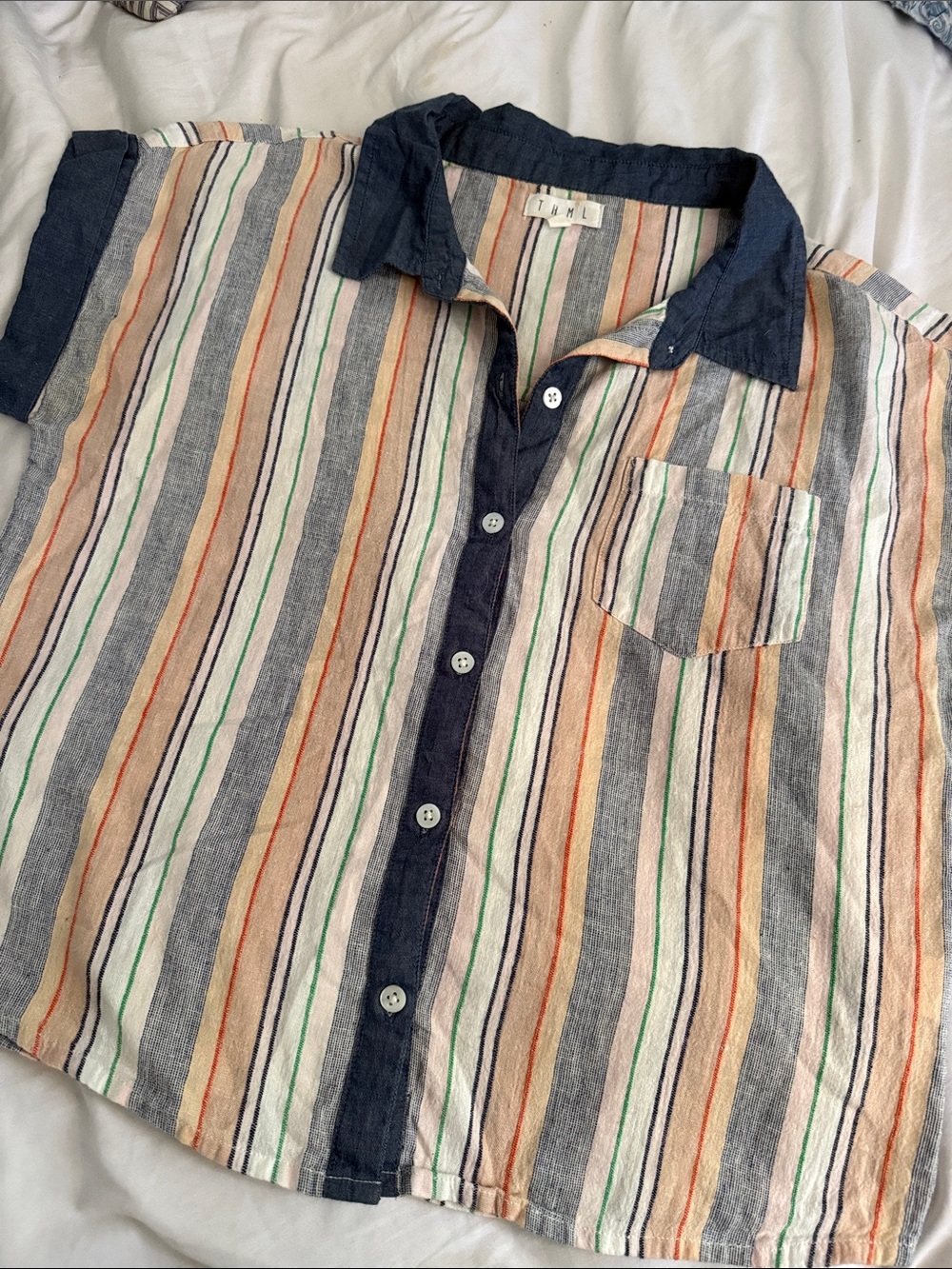 THML Navy-Trim Striped Short-Sleeve, mid rise Button Down Shirt 💯 Cotton M